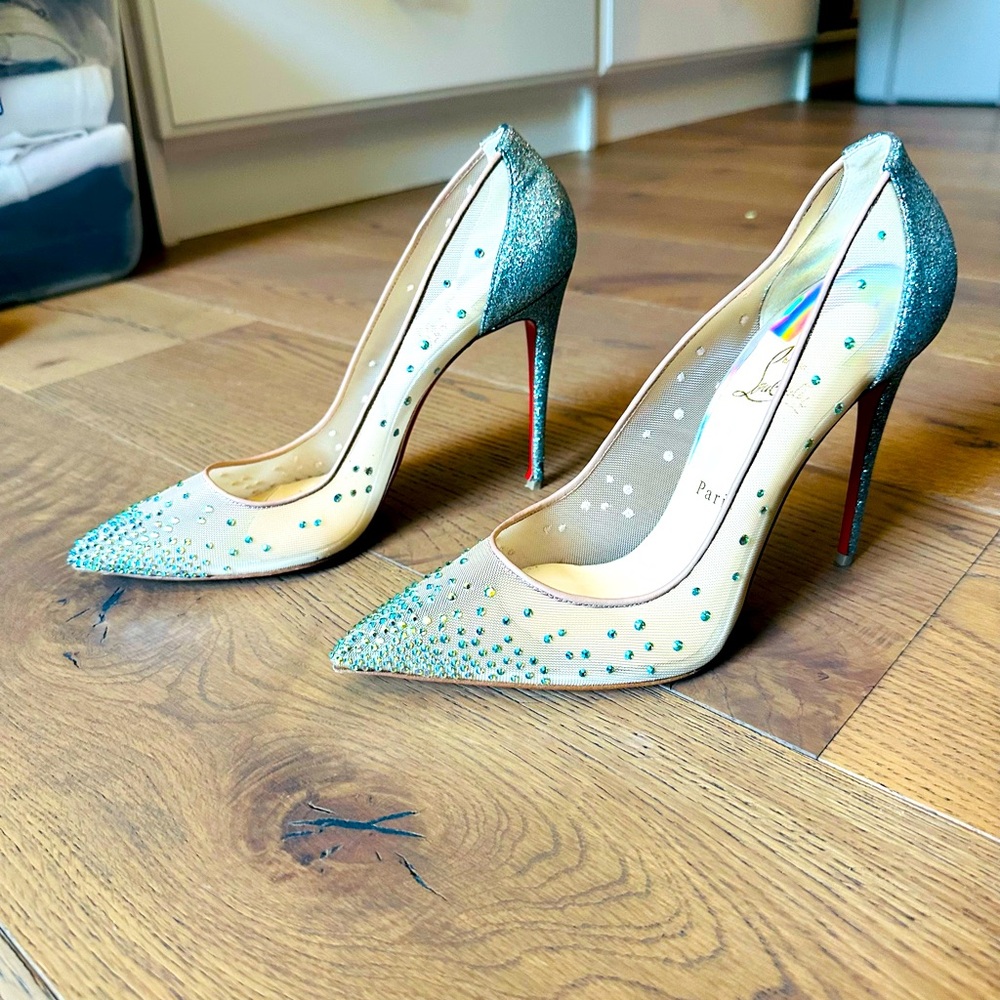 Christian Louboutin Beige Blue Crystal Embellished Mesh Follies Pumps Size 41